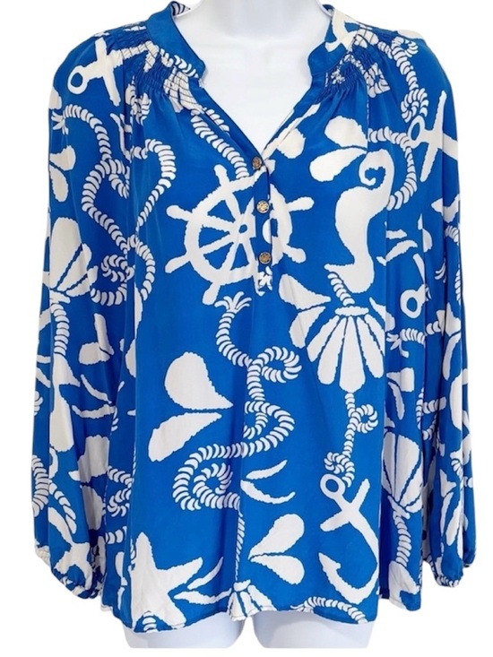 Lilly Pulitzer Tops - LILLY PULITZER Elsa Silk Top Blue Dock Hopper Print Size Small Nautical Blouse